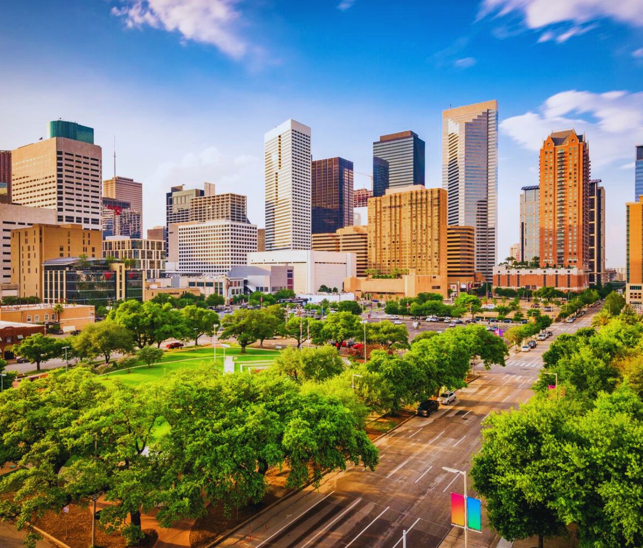 Houston, Texas, USA downtown city skyline over Root Square, Houston, TX